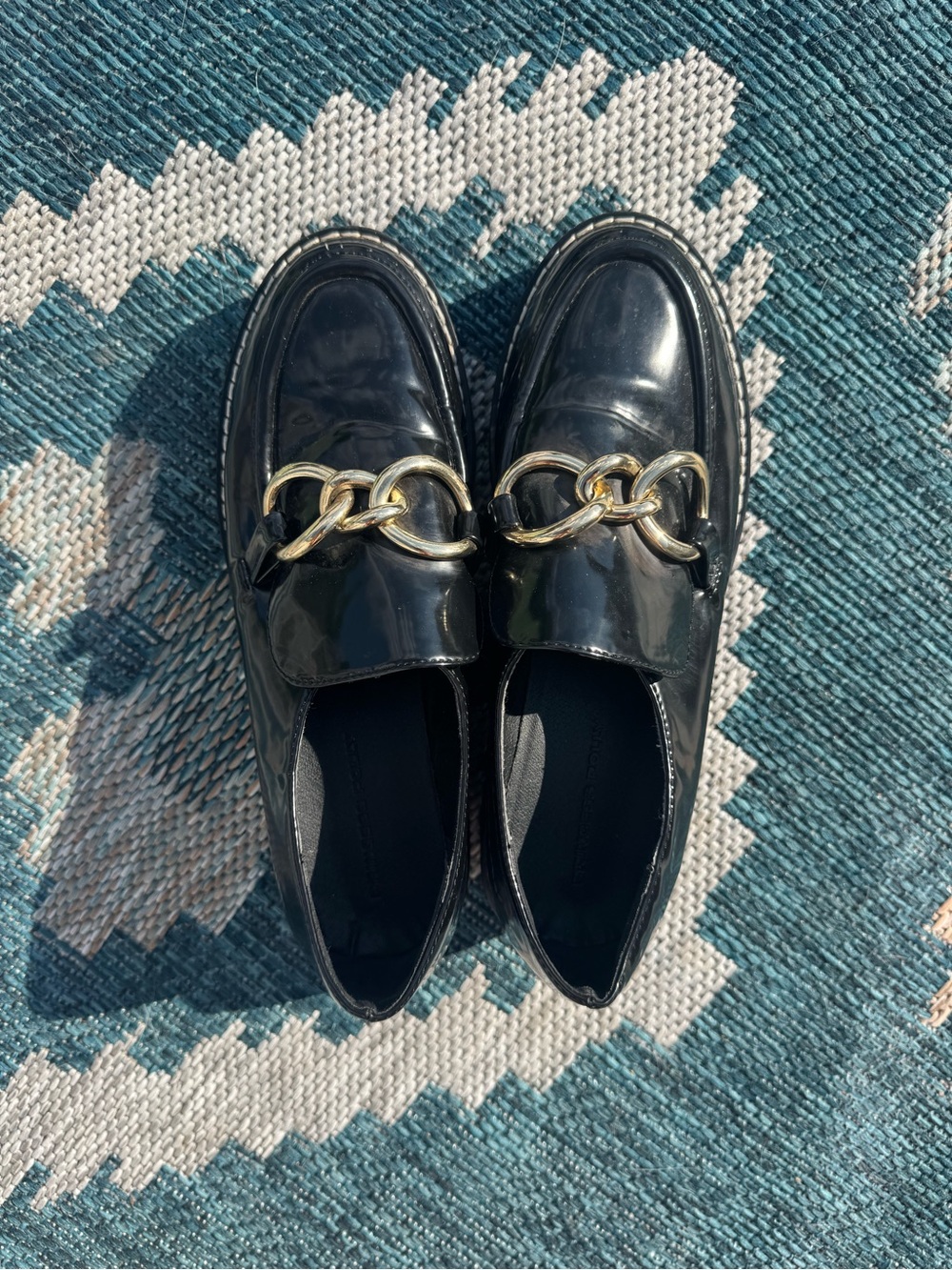 Princess Polly Black Patent Loafers with Gold Chain